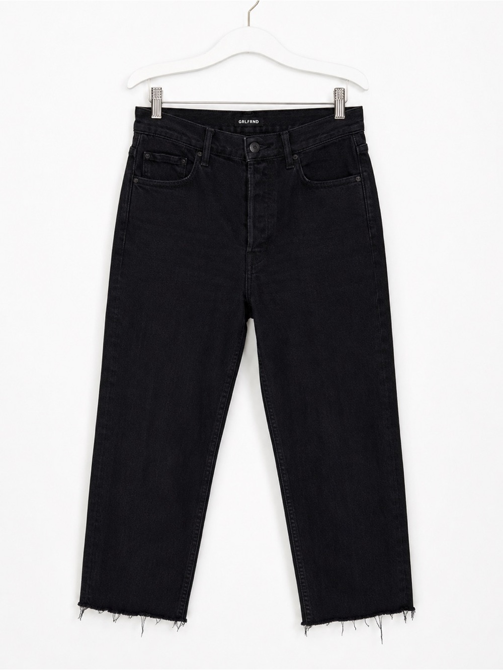 GRLFRND Helena Jeans 26 Washed Black High Rise Straight Leg Crop Raw Hem Button